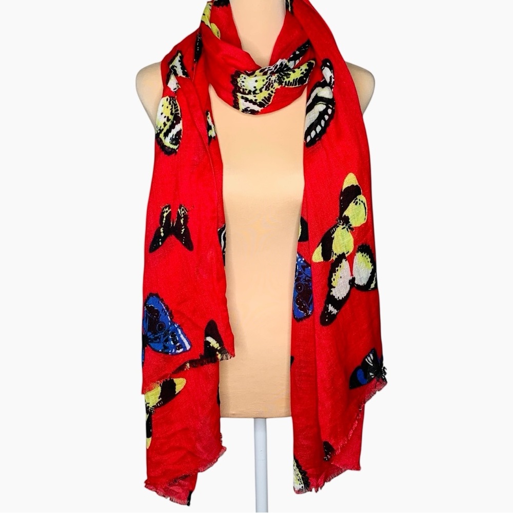 J. Crew Novelty Butterfly Scarf Linen Blend Red Fringe Dopamine Preppy Classic